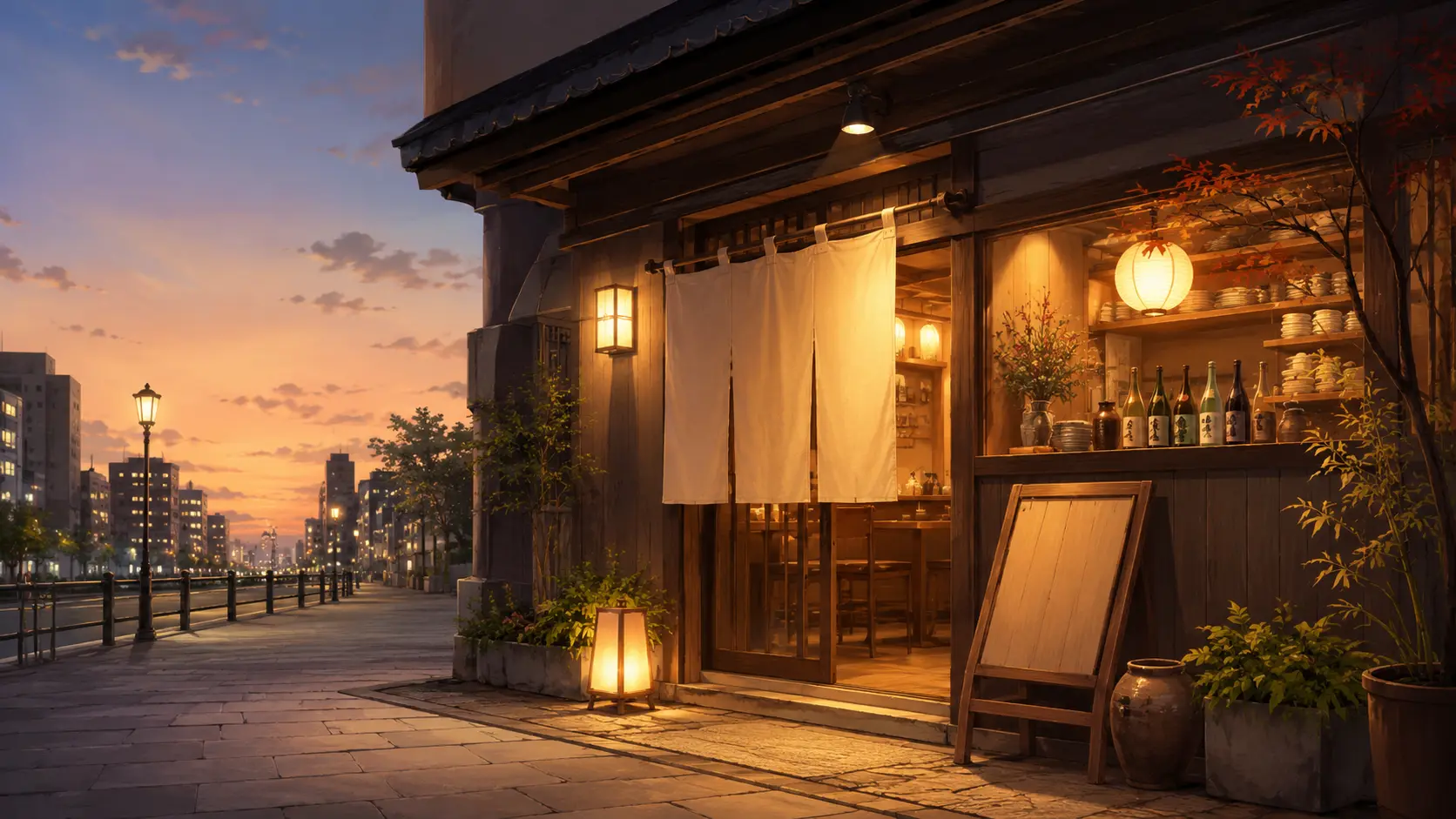 夕暮れ時の和風居酒屋のイラスト